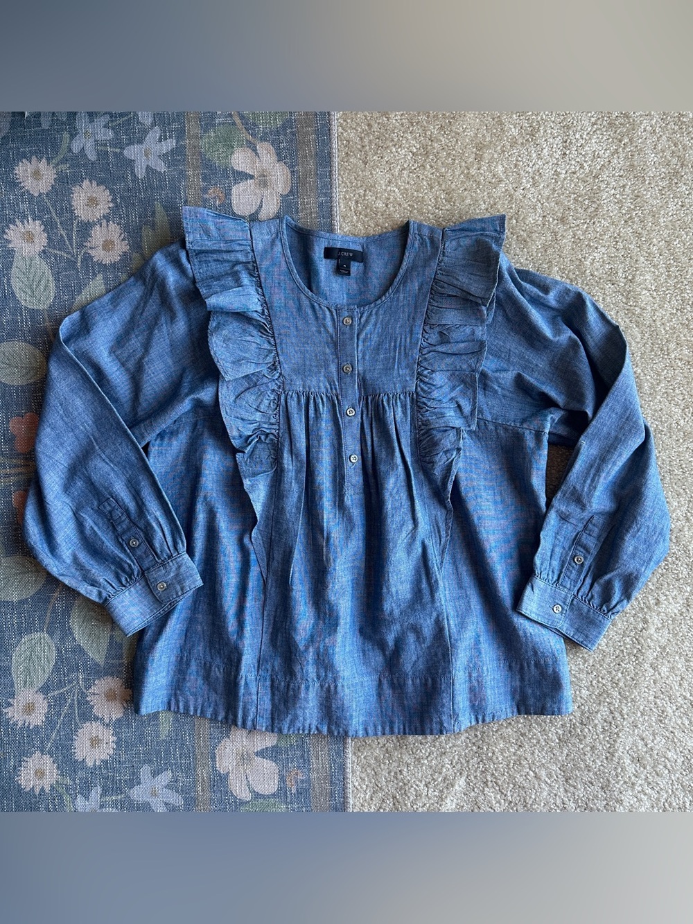 J. Crew Denim-Look Ruffle Front Blouse in Blue